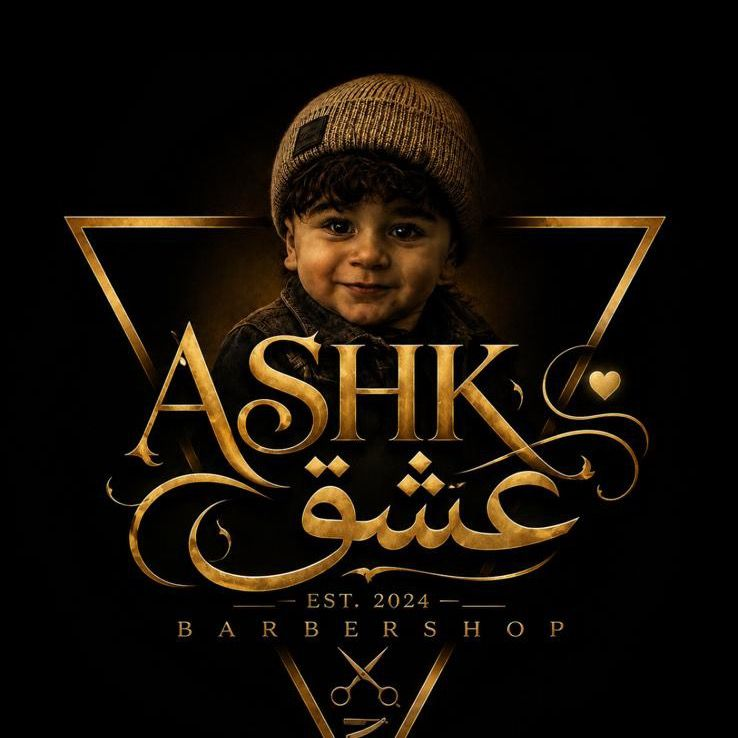 Logo Barber shop Ashk: een gouden driehoek met ASHK, عشق en EST. 2024